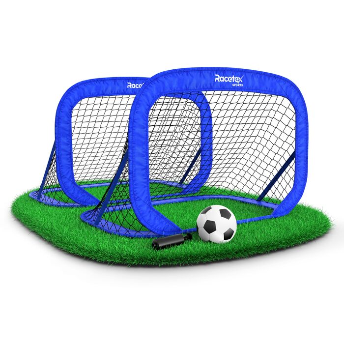 Дитячі футбольні ворота для саду – 2 шт. з посиленими штангами з скловолокна. Комплект включає м'яч, насос, ґрунтові анкери та сумка для транспортування.