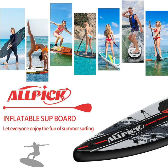 ALLPICK Преміум SUP-набір для веслування стоячи, надувна дошка з універсальним кріпленням для камери, повний комплект аксесуарів, регульоване весло, для початківців і просунутих, навантаження до 180 кг, модний червоний колір