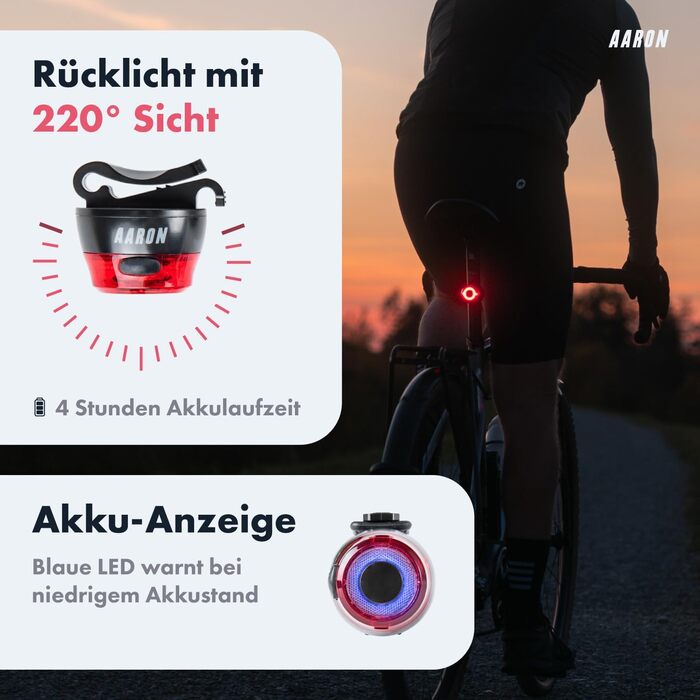 Велосипедні ліхтарі AARON 50 LUX: комплект для міських поїздок та електровелосипедів, сертифіковано StVZO, USB-зарядка, водонепроникні. Комплект освітлення для велосипеда (передній + задній)