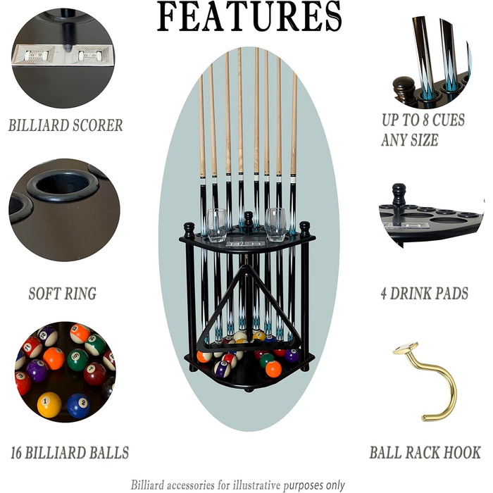 Підставка для київ для більярду на підлозі для 8 київ та аксесуарів, дерев'яна, кутова, з гачками та табло (чорний торс)