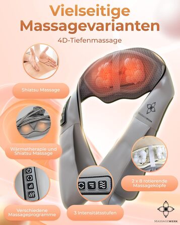 Електричний масажер MASSAGEWERK для шиї та спини з шиацу, функцією підігріву, ергономічний, для зняття м'язових болей, сірий
