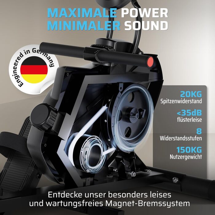 Гребний тренажер SportPlus для дому, складаний, з тихою магнітною системою гальмування, комп'ютер для тренувань, фітнес-обладнання для дому, Indoor гребний тренажер, сумісний з додатком (опціонально), комфортний