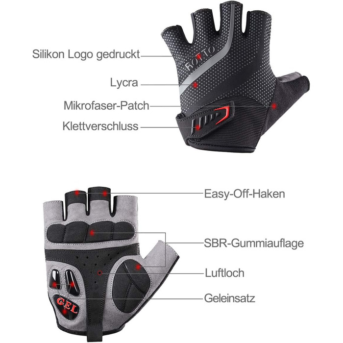 Велосипедні рукавички ROTTO MTB, напівпальцеві для чоловіків та жінок з гелевою та SBR-подушкою, чорно-сірі, розмір L