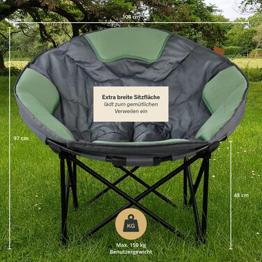 Крісло-місяць Skandika Moonchair XXL: великий розкладний кемпінговий стілець з підкладкою, сумкою для перенесення та антиковзаючими ніжками, до 150 кг, сіро-зелений
