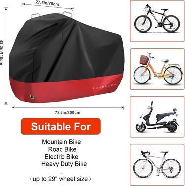 Водонепроникний чохол для велосипеда з отворами для замка – для всіх велосипедів та електровелосипедів – захист від дощу, снігу та UV – на 2 велосипеди (Чорний+Червоний для 1 велосипеда)