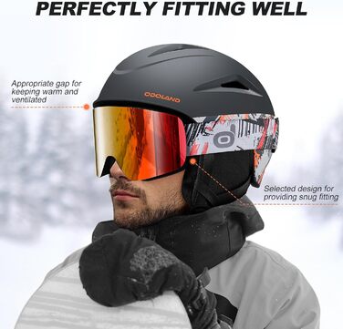 Шолом для сноуборду та лиж Odoland з маскою: захист UV 400, чорний + помаранчевий, розмір L (60-61 см)