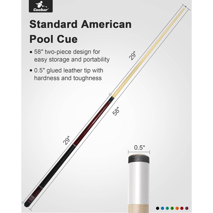 Більярдні киї CUEBAR для дорослих, 147 см, 2-секційні, з ручкою з екошкіри, різні кольори (7 кольорів), вага 510-595 г