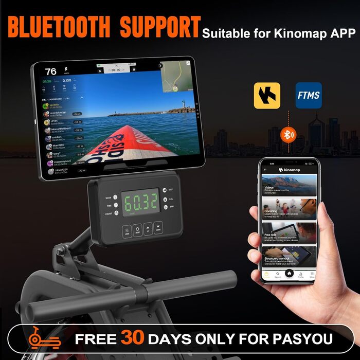Гребний тренажер PASYOU для дому, водяний, Bluetooth, 150 кг, сумісний з Kinomap, вертикальне зберігання, транспортні ролики