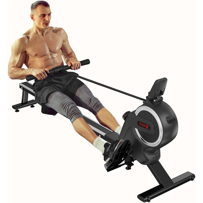 Дріпекс - тренажер для дому, бігова доріжка для веслування, до 160 кг, 16 рівнів опору, Bluetooth, LCD, тихий, чорний