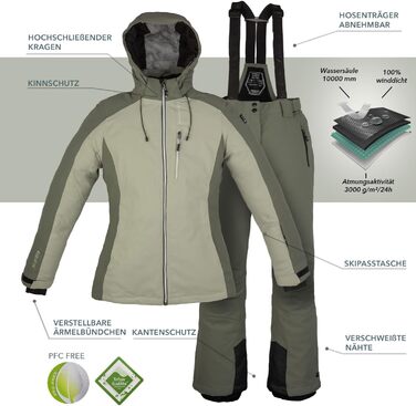 Жіночий гірськолижний костюм Killtec - комплект куртки та штанів, водонепроникний та дихаючий, 10000 мм водяного стовпа, без PFC, куртка зі снігозахисним манжетом, штани з кантозахистом (36, 2 частини, салатовий)