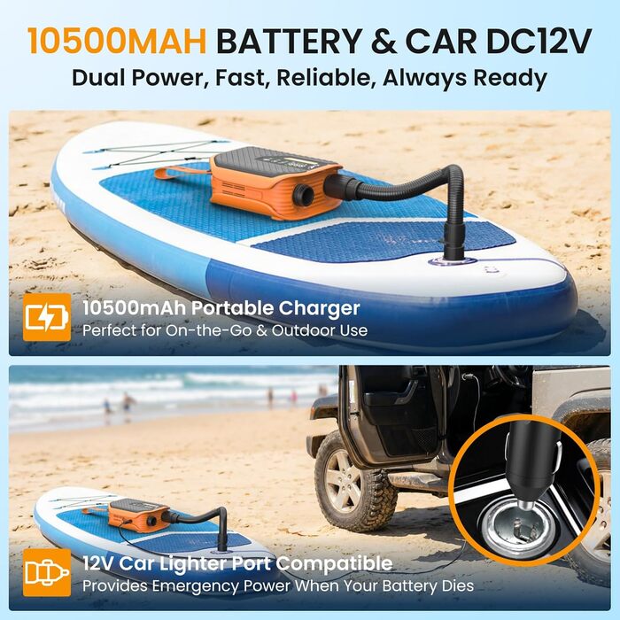 Акумуляторний насос TowerTop Sup Pumpe 10500mAh для SUP-бордів, човнів та авто, 50 PSI, 12V, двоступеневий (накачування та випуск повітря) з 8 насадками