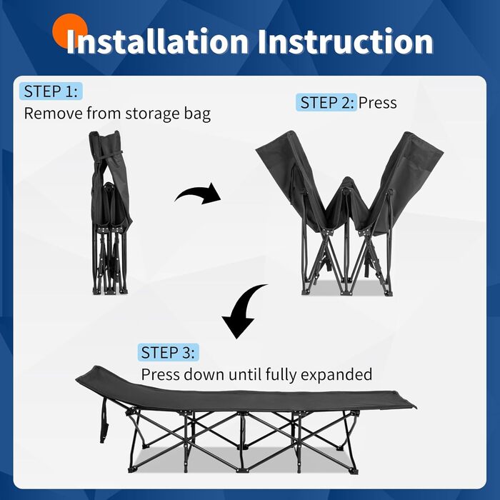 Лежанка туристична складна LEADZM з матрацом, 190x71x36 см, сталевий каркас, чорна