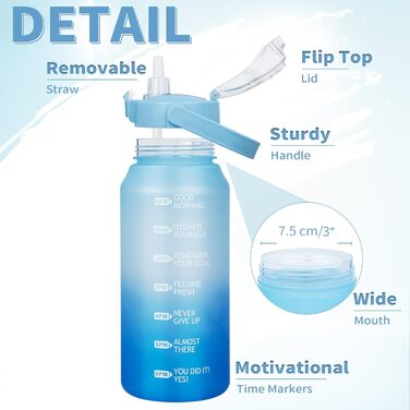 DEARRAY Спортивна пляшка для води 2 л Tritan з трубочкою, BPA-free, мотиваційна, з часовою міткою, для спорту, фітнесу, туризму, блакитна/темно-синя