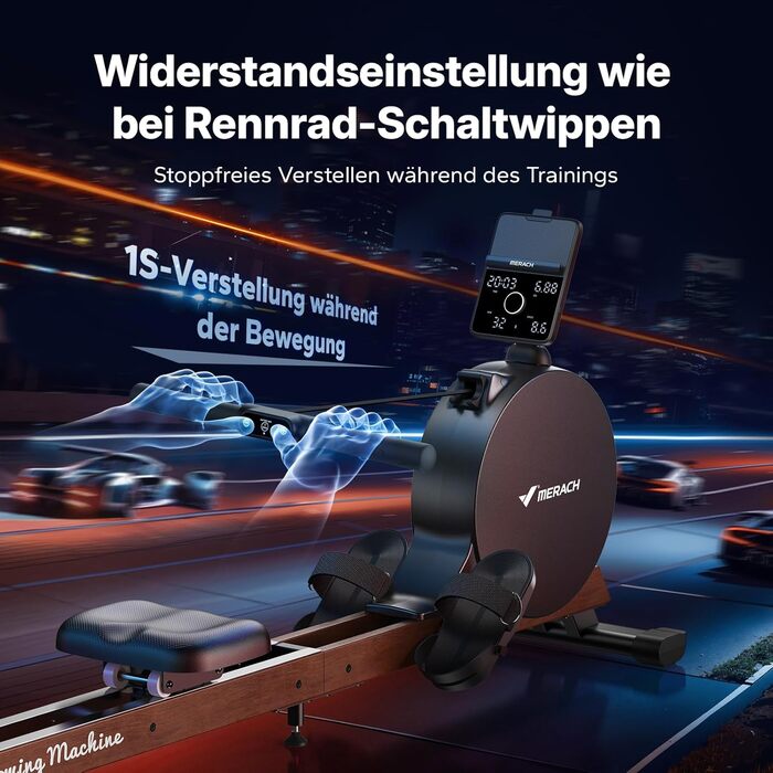 Гребний тренажер MERACH для дому з магнітним опором 60 кг, автоматичною регулюванням, LED-дисплеєм та подвійними дерев'яними рейками (R21)