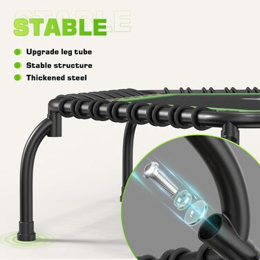 Батут для дому BCAN Fitness, діаметр 102/122 см, з пружинами/ bungee-шнурами, для дорослих до 250 кг, з регульованими ручками, тихий та з низькою вібрацією, 122 см, зелений