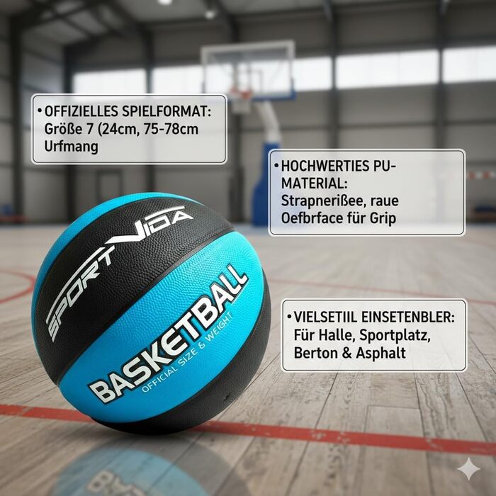 М'яч для баскетболу SportVida, розмір 7 - для гри в приміщенні та на вулиці, з преміум-шкіри PU, антиковзкий, для вулиці та залу, офіційний розмір (75-78 см), чорно-синій