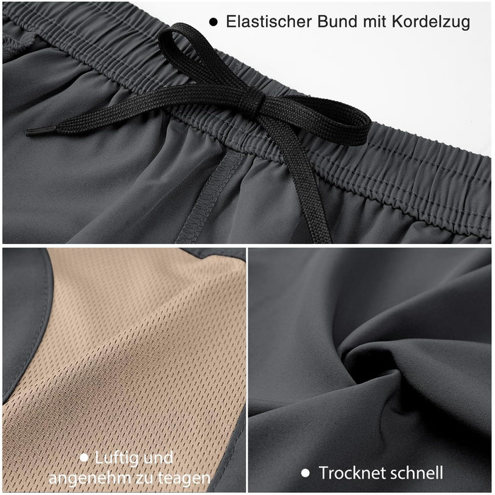 Шорти спортивні чоловічі HMIYA, швидковисихаючі, з кишенею на блискавці, сірі хакі (L)