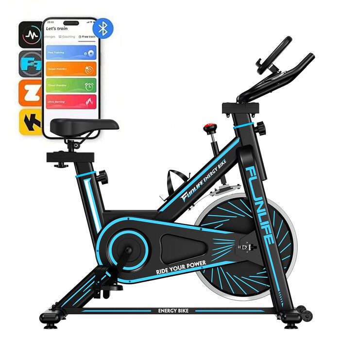 Велотренажер FunLife C1 з Bluetooth та App (FitShow, Kinomap), ремінний привід, плавний регулятор навантаження, регульоване сідло та кермо, до 120 кг, блакитний