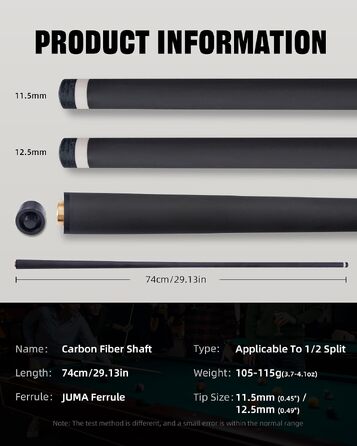 Карбоновий шафт для більярдного кия KONLLEN Low Deflection з Pro-Taper, 11.5/12.5 мм, з'єднання Uni-Loc, 74 см, чорний
