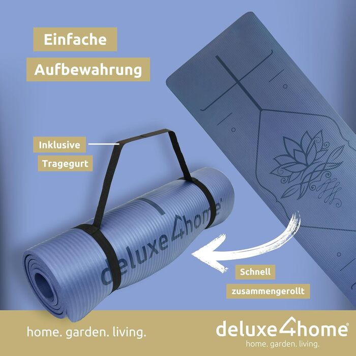 Йога мат для занять фітнесом та пілатесом Deluxe4home® | Антиковзка, з лінійками, з ручкою | Синій