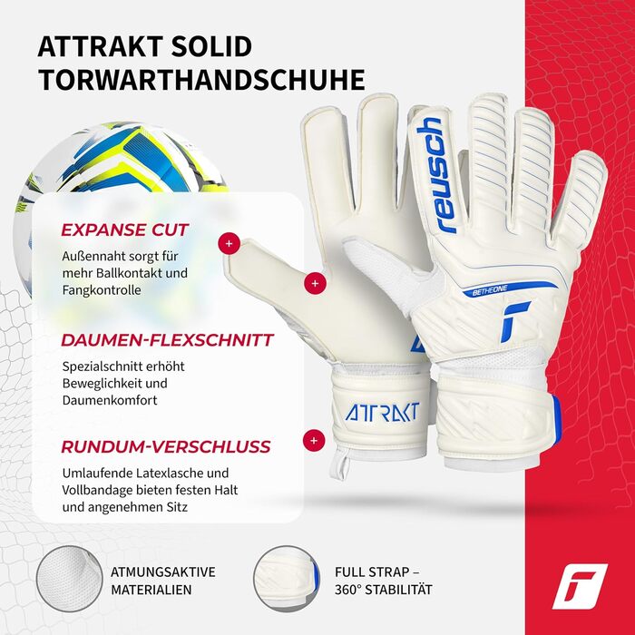 Воротарські рукавиці Reusch Attrakt Solid: професійні, з синтетичним латексом, біло-темно-сині (360° стабілізація)