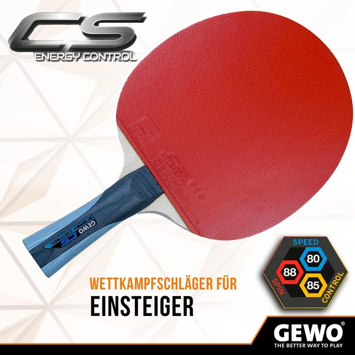 GEWO CS Energy Control – тенісна ракетка для настільного тенісу, ITTF, з контрольованим покриттям і високою обертальністю, 1,8 мм губка, червоно-чорна, ергономічна (конкава) ручка
