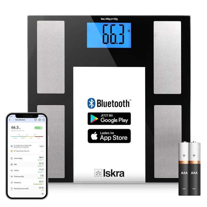 Вага тіла Iskra Bluetooth з додатком, 180 кг, для iOS та Android, технологія BIA, персональна вага, аналіз складу тіла, вага для 10 користувачів