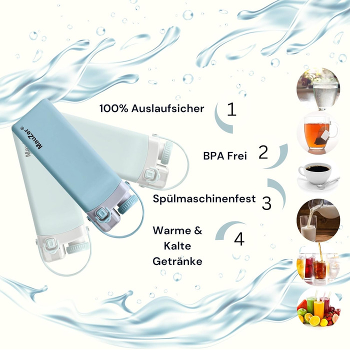 Складана пляшка для води Mauzer® з трубочкою - 600 мл, без BPA, синій. Ідеально для дітей, спорту, подорожей, кемпінгу та фестивалів.