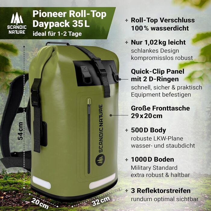 Водонепроникний рюкзак Scandic Nature Pioneer з ролтоп закриттям 35L/55L, чорний, жовтий, оливково-зелений - надміцний завдяки дну з 1000D PVC тканини, водонепроникний чохол для телефону IPX8, 35 літрів