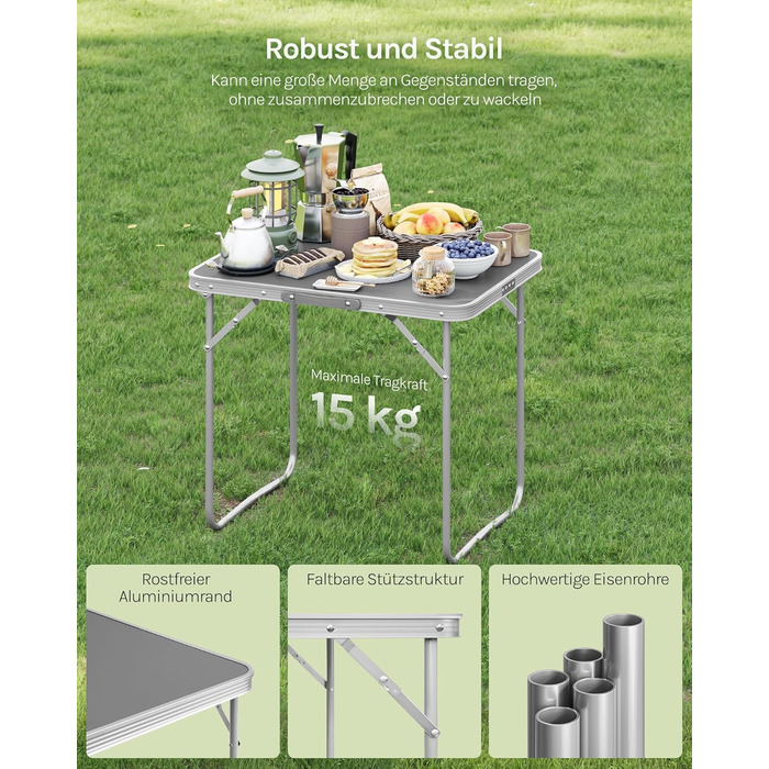 Складаний туристичний стіл Woltu для пікніка, відпочинку на природі та в саду, 70x50x60 см (алюміній + MDF)