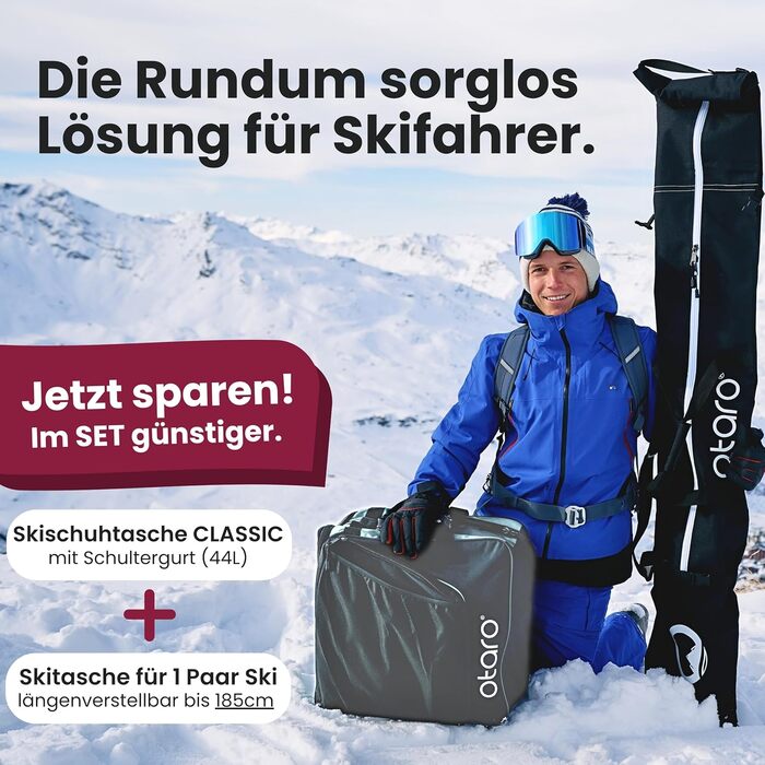 Набір мішок для лиж та лижних черевиків Otaro | Мішок для лиж на 1 або 2 пари | Регульована довжина, водовідштовхувальний, міцні блискавки, м'який плечовий ремінь, зелений (світло-сірий)