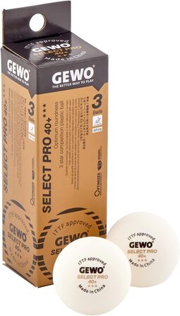 GEWO Select PRO тенісні м'ячі для настільного тенісу 3 зірки, пластикові 40+ мм зшиті, ITTF сертифіковані, білі, професійні, 3 шт.