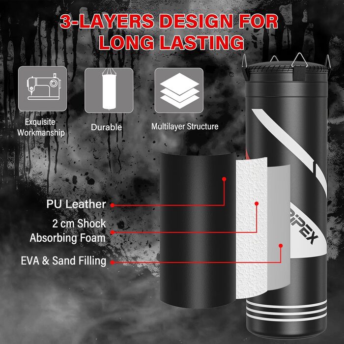 Боксерський мішок Dripex з наповнювачем, важкий підвісний боксерський мішок, комплект з міцним сталевим ланцюгом на 360° та боксерськими рукавичками для тренувань кікбоксингу, фітнесу, MMA