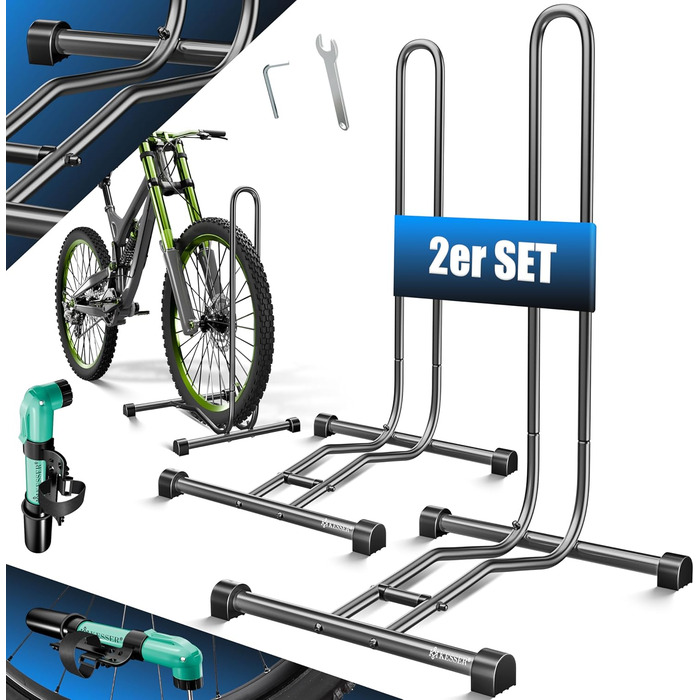 Підставка для велосипеда KESSER® для MTB, E-Bike, Citybike, шосе, з повітряним насосом. Підходить для шини до 65мм. (Антрацит, 2 шт.)