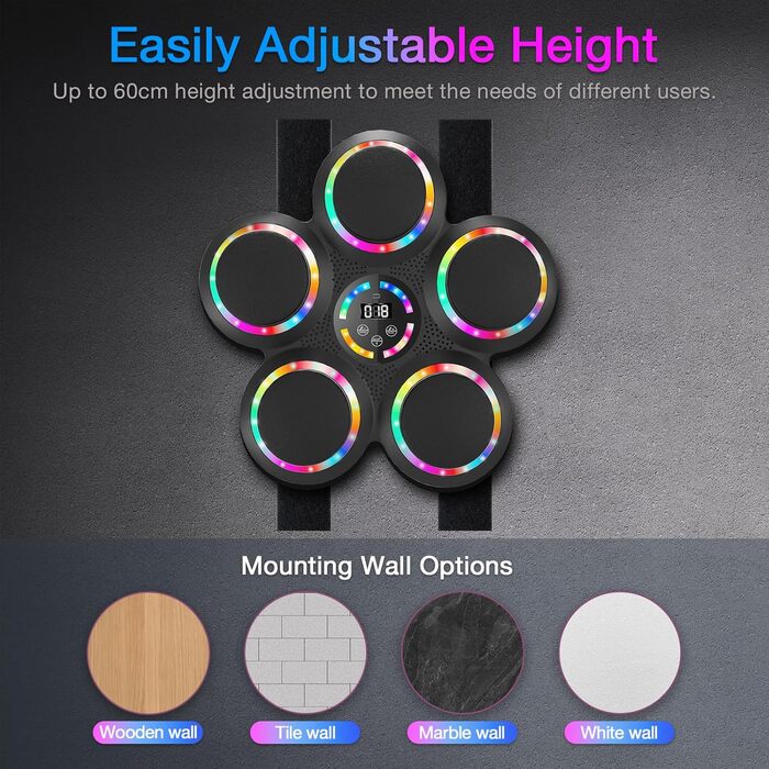 Розумна боксерська машина FOOING з Bluetooth, LED-підсвіткою та рівнями швидкості для дорослих та дітей, тренажер для зняття стресу з боксерськими рукавичками для домашніх тренувань. Інтелектуальні фітнес-пристрої (багатокольорове світло)