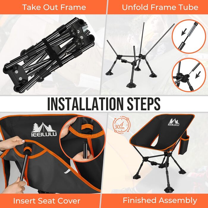 Складний туристичний стілець JONRRYIN з двома кишенями та регулюванням висоти для відпочинку на природі, пікніків та пляжу (чорний/помаранчевий)