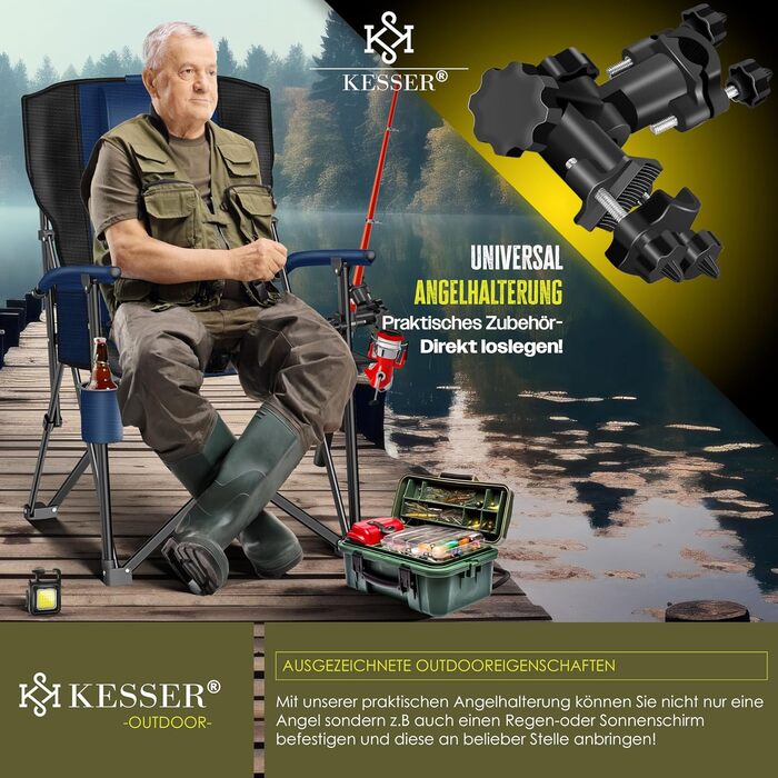 Крісло для кемпінгу KESSER® розкладне, 160 кг | Зручне рибальське крісло з підлокітниками, кишенею для напоїв та світлом | Для відпочинку на природі, пляжі, риболовлі | Navy Blue / Black