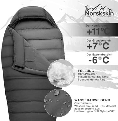 Спальний мішок Mumienschlafsack Norskskin Ultralight 205 Grau - екстремальний (-6°C), з'єднується, з кишенею для подушки, лівий блискавка