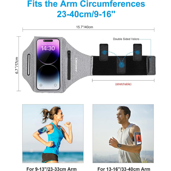 Спортивний браслет для телефону: підставка для бігу, кишенька для навушників, сумісний з iPhone 17/16/15/14/13 Pro Max, Galaxy S25/S24/S23 Ultra (до 6.9 дюймів, світло-сірий)