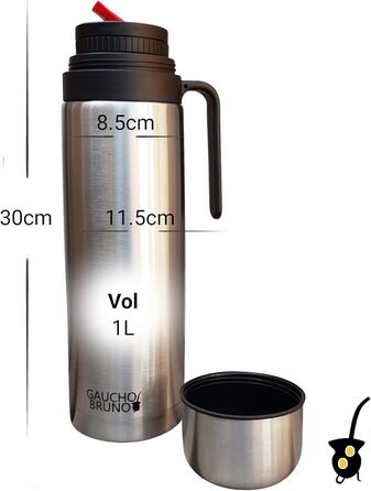 Термос Gaucho Bruno Yerba Mate, 1 л, з ручкою і точним носиком, нержавіюча сталь, для гарячих і холодних напоїв
