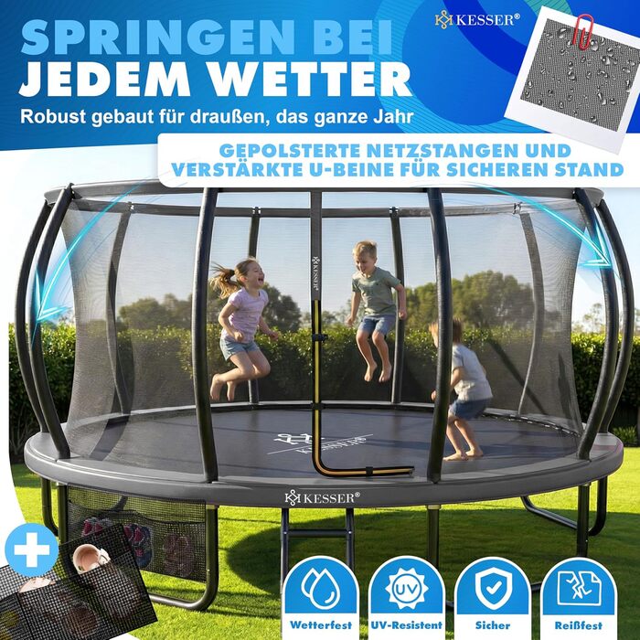 Батут KESSER® Outdoor Ø 244/305/366/427 см з сертифікатом GS, для дітей та дорослих (до 150 кг) з захисним сітком, сумкою, сходами, захисним бортиком та м'якими стійками сітки, антрацит