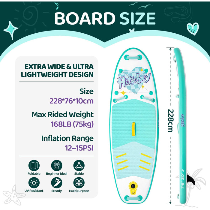Набір для SUP-бордингу (Stand Up Paddle Board) для підлітків та дітей, надувний, зелений м'ятний, до 120 кг, з повним комплектом аксесуарів