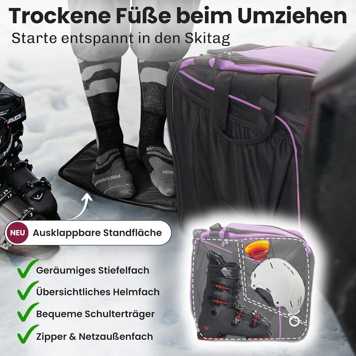 Набір мішок для лиж та черевиків Otaro: мішок для 1 пари лиж та мішок для 2 пар лиж, регульований, водонепроникний, міцні блискавки, м'який плечовий ремінь, зелений (фіолетовий)