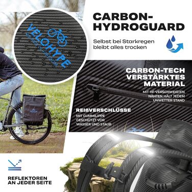 Велосумка Velohype 3-в-1 для багажника, рюкзак, водонепроникна 25 л, з відбивачем, карбон-чорна, з кріпленням для шолома, зносостійкий матеріал Hydroguard