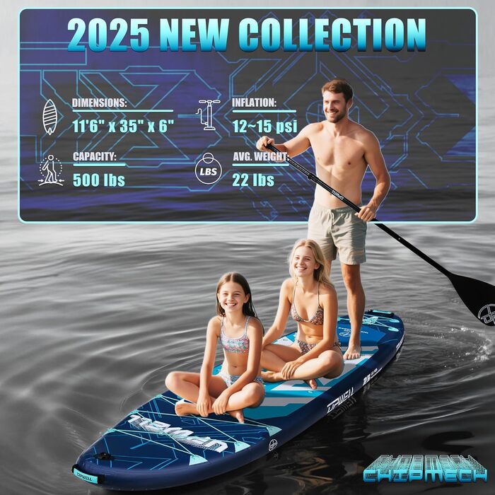 SUP дошка Upwell 350x89 см з сидінням, надувний борд для дорослих та підлітків, комплект з аксесуарами (рюкзак, весло, ліш, помпа, плавники) Chipmech Blue