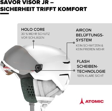 Дитячий лижний шолом ATOMIC SAVOR VISOR JR з візором, білий, максимальний захист, вентиляція Aircon, дзеркальна лінза, 51-55 см