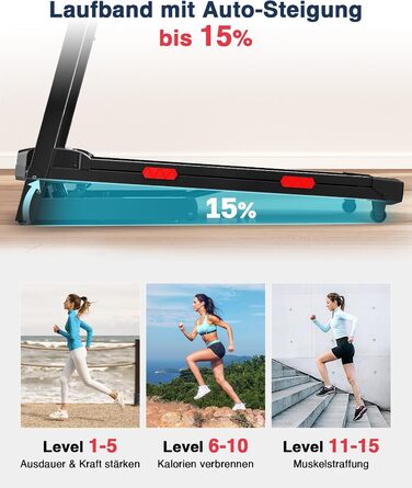 Біговий тренажер Redliro з автоматичним нахилом 15% - складний, до 160 кг, з регульованим поручнем та Bluetooth, для дому