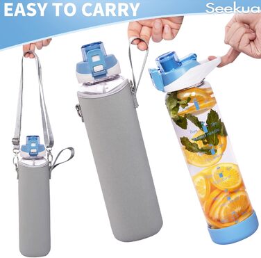 Скляна спортивна пляшка Seekua 1 л з трубочкою і часовою розміткою, BPA Free, герметична, з чохлом, для води, смузі, фруктів, газованих напоїв