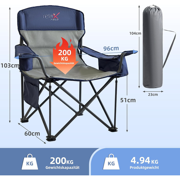 Крісло для кемпінгу складне RELAX FIELD 200 кг з підстаканником та сумкою-холодильником. Рибальське крісло, складане, з високою спинкою, блакитне.