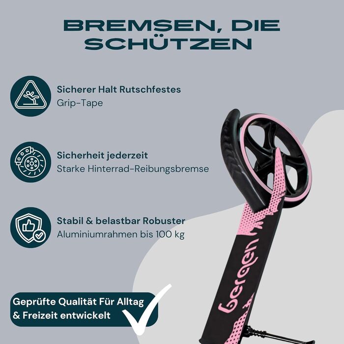 Самокат міський Bergen City Scooter Downtown, алюмінієвий, складаний, 3.3 кг, колеса 200 мм, регульована висота, для дітей від 6 років, підлітків та дорослих до 100 кг, чорний/рожевий